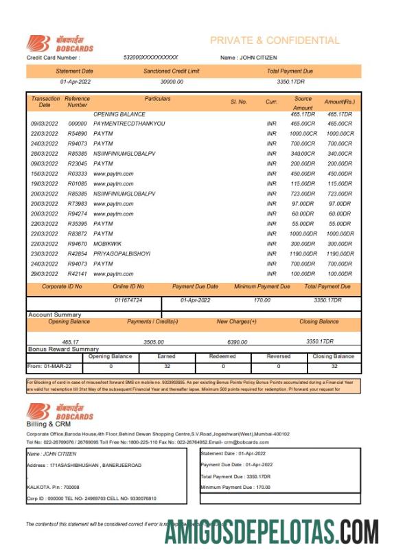 Exemplo de extrato bancário do India Bank Of Baroda BOBCARDS